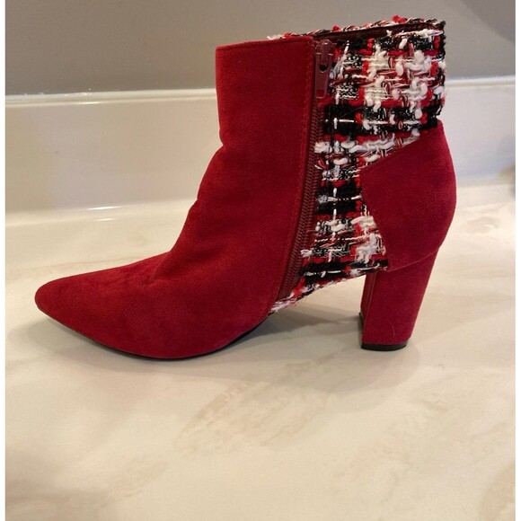 Allegra K Booties Tweed Plaid Faux Suede Ankle Boots Burgundy Sz 7 Chunky Heel - Picture 3 of 12